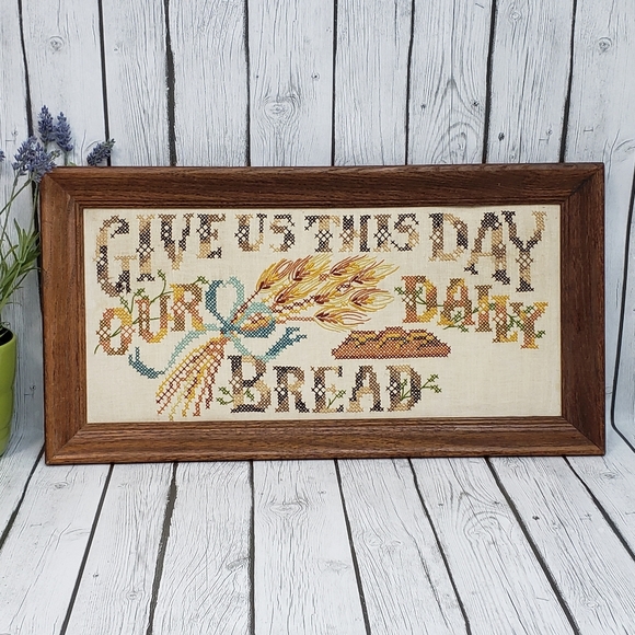 Vtg. Framed Cross Stitch "Give Us This Day Our Daily Bread" Mantel/Wall Decor - Picture 1 of 8
